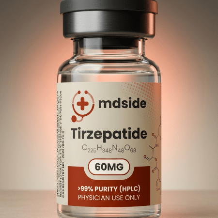 Tirzepatide 60mg injectable vial by mdside – pharmaceutical-grade dual GIP and GLP-1 receptor agonist (C225H348N48O68) with >99% purity by HPLC, for physician use only, supporting medically supervised weight loss, type 2 diabetes management, appetite control, and metabolic health.