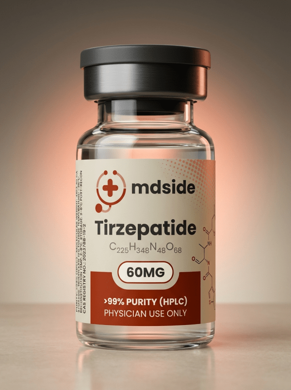Tirzepatide 60mg injectable vial by mdside – pharmaceutical-grade dual GIP and GLP-1 receptor agonist (C225H348N48O68) with >99% purity by HPLC, for physician use only, supporting medically supervised weight loss, type 2 diabetes management, appetite control, and metabolic health.