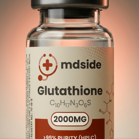 Glutathione 2000mg injectable vial by mdside – pharmaceutical-grade reduced L-glutathione (GSH, C10H17N3O6S) with >99% purity by HPLC, for physician use only, supporting master antioxidant detoxification, immune support, skin brightening, and cellular health therapy.
