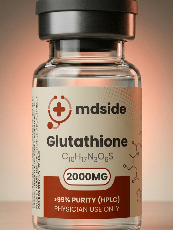Glutathione 2000mg injectable vial by mdside – pharmaceutical-grade reduced L-glutathione (GSH, C10H17N3O6S) with >99% purity by HPLC, for physician use only, supporting master antioxidant detoxification, immune support, skin brightening, and cellular health therapy.