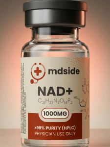 NAD+ 1000 mg (10 mL) injectable vial by mdside – pharmaceutical-grade Nicotinamide Adenine Dinucleotide (C21H27N7O14P2) with >99% purity by HPLC, for physician use only, supporting cellular energy, mitochondrial health, anti-aging, and metabolic wellness therapy.