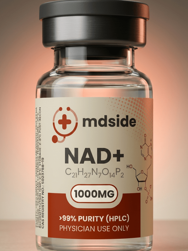 NAD+ 1000 mg (10 mL) injectable vial by mdside – pharmaceutical-grade Nicotinamide Adenine Dinucleotide (C21H27N7O14P2) with >99% purity by HPLC, for physician use only, supporting cellular energy, mitochondrial health, anti-aging, and metabolic wellness therapy.
