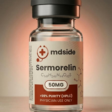 Sermorelin 10 mg injectable vial (5 mL) — physician-prescribed growth hormone–releasing peptide (GHRH analog) for adult HGH support, anti-aging, recovery, sleep and lean body composition. Manufactured pharmaceutical grade, >99% HPLC purity. mdside MD-supervised peptide therapy.