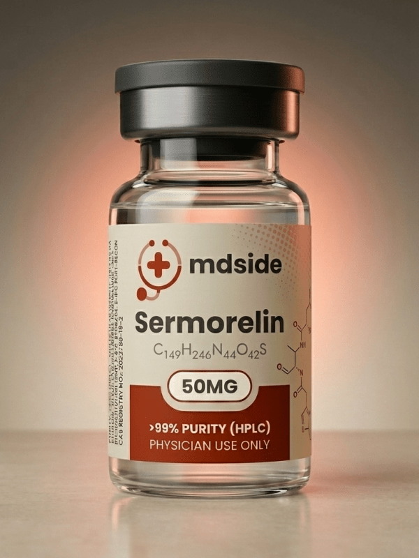 Sermorelin 10 mg injectable vial (5 mL) — physician-prescribed growth hormone–releasing peptide (GHRH analog) for adult HGH support, anti-aging, recovery, sleep and lean body composition. Manufactured pharmaceutical grade, >99% HPLC purity. mdside MD-supervised peptide therapy.